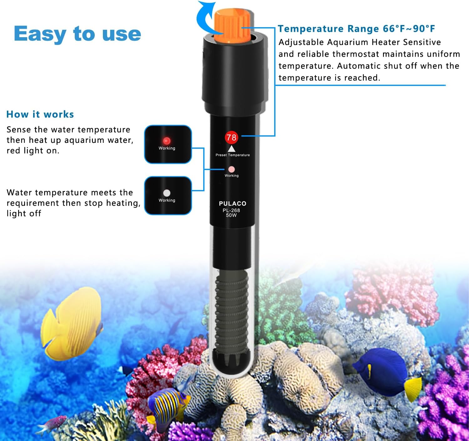 PULACO 50Watt Aquarium Heater for 5-10 Gallon Fish Tank, Adjustable Submersible Heater Thermostat with Thermometer Strip and Suction Cup