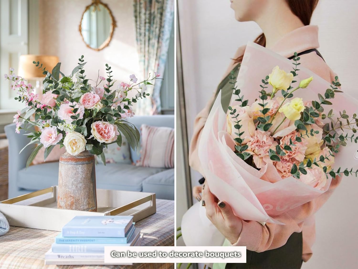 RECUTMS 36PCS Eucalyptus Leaves Stems 15Inch Artificial Green Leaf Branches Plant Bundle for Indoor Outdoor Home Office Wedding Centerpiece Flower Bouquet Floral Arrangement Table Farmhouse Decoration