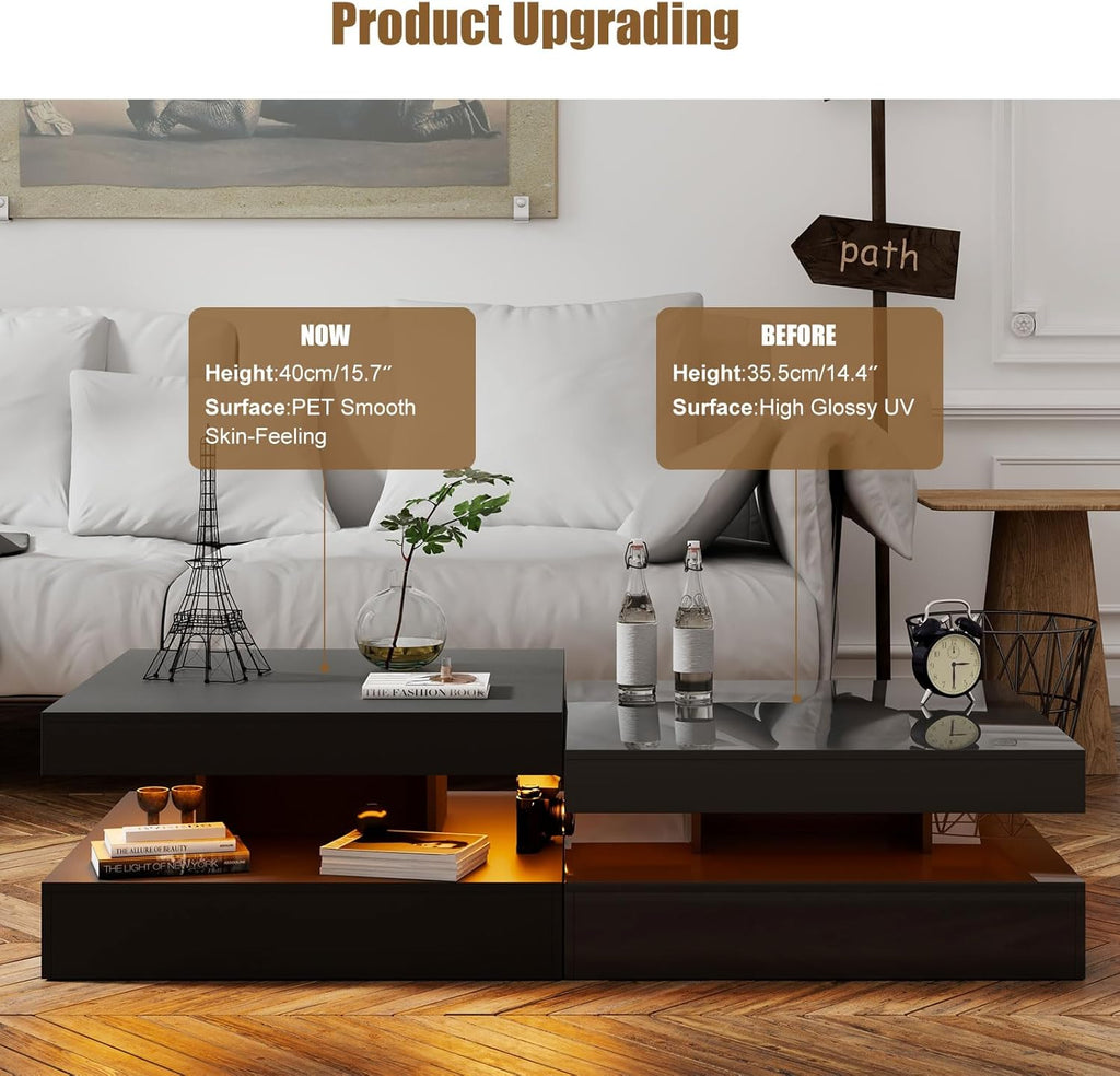 Black LED Coffee Table for Living Room, Living Room Table 2-Tier Square Middle Center Table, Modern Coffee Tables with Storage, Wood Tea Tables for Dining Reception, Skin Feeling