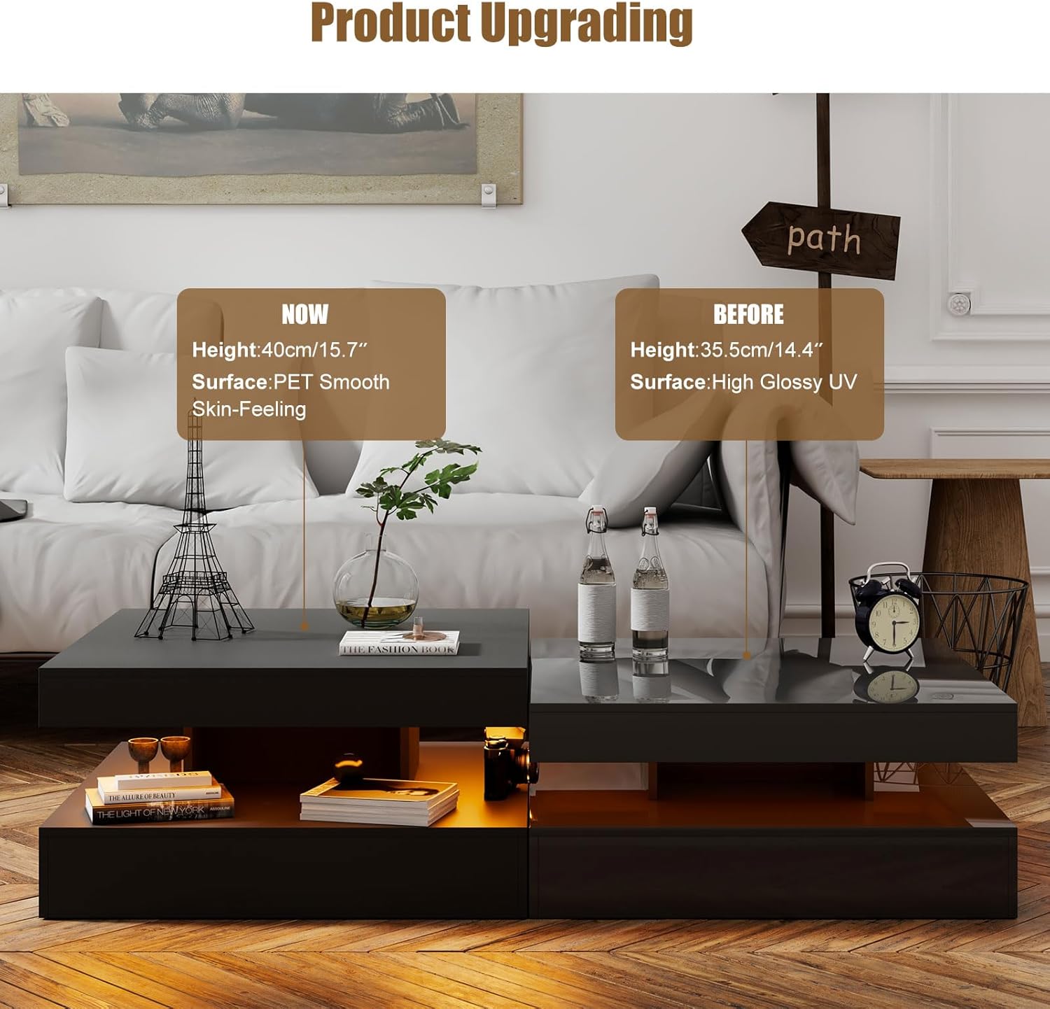 Black LED Coffee Table for Living Room, Living Room Table 2-Tier Square Middle Center Table, Modern Coffee Tables with Storage, Wood Tea Tables for Dining Reception, Skin Feeling