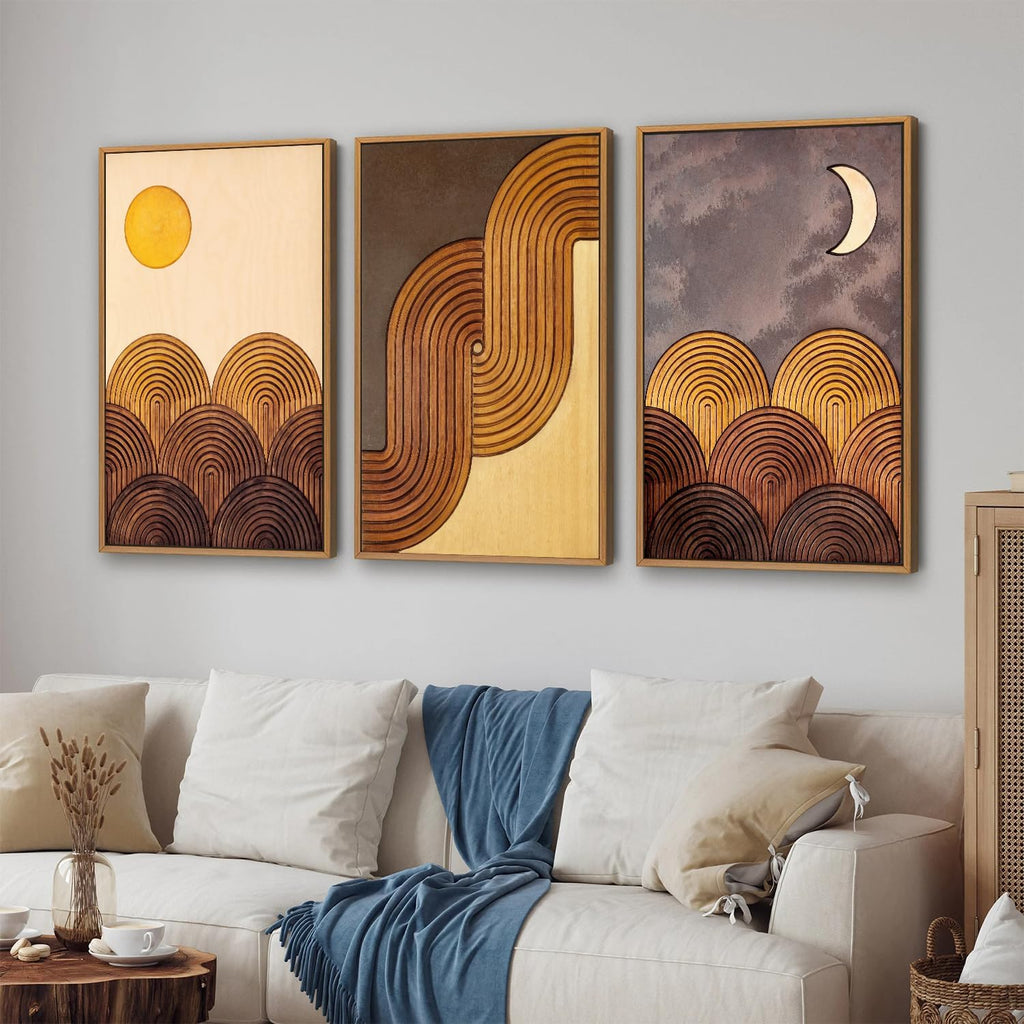 Tinonedraw Mid Century Modern Framed Canvas Wall Art Set, Boho Minimalist Geometric Wall Decor, Bohemian Sun and Moon Art Paintings, Beige Brown Wooden Artwork for Living Room Bedroom Office 24"x36"x3