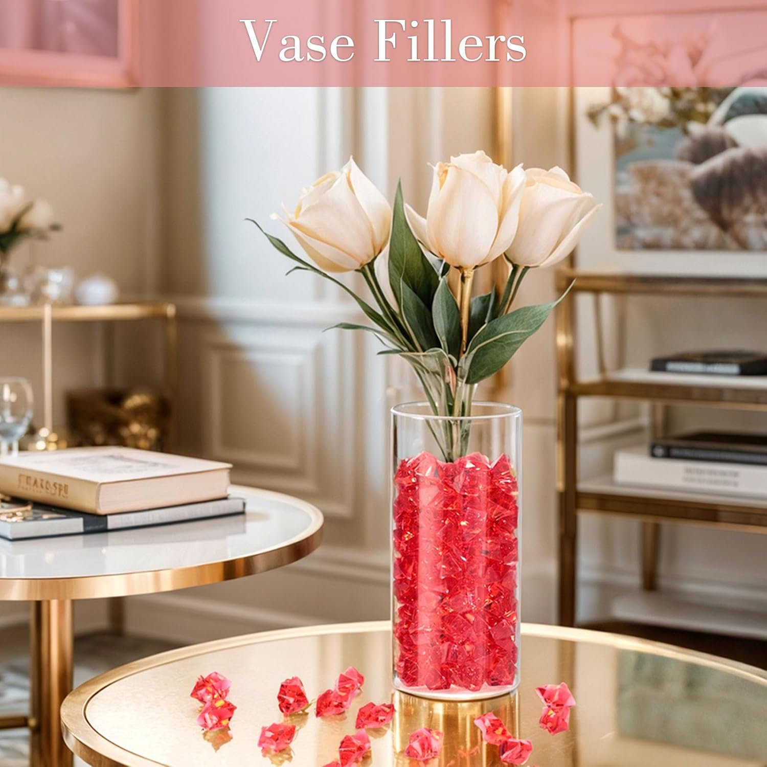 DomeStar Red Fake Ice Rocks, 150PCS Acrylic Gems Crystals Plastic Diamonds Centerpiece for Vase Fillers Wedding Party Table Scatter Decorations