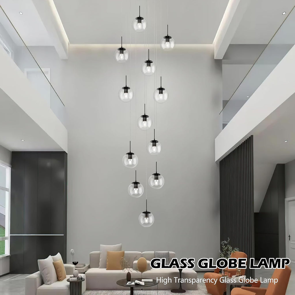 KoKo&Yukina 12-Light Black Mid Century Modern Chandelier for Living Room Staircase Chandelier for Entryway Clear Globe Glass Chandelier High Ceiling Chandeliers Foyer Entryway (Bulb & Remote Incl.)