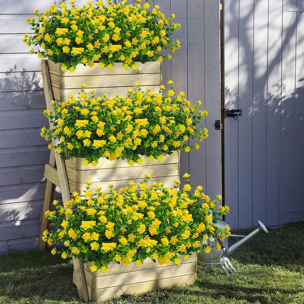 10 Bundles Artificial Fake Flowers, Faux Outdoor Plastic Plants UV Resistant Shrubs Outside Indoor Decorations (Yellow-Eucalyptus)