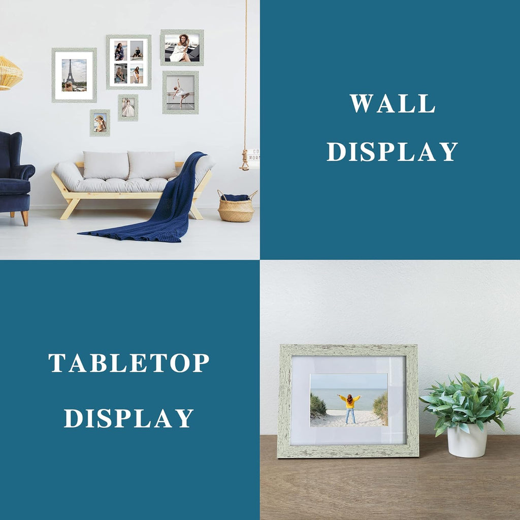 8x10 Picture Frame Set of 4, Made of Real Glass and Sage Green Wooden Frame, 8 by 10 Photo for Wall or Tabletop - Display Picture 5x7 with Mat or 8x10 Without Mat