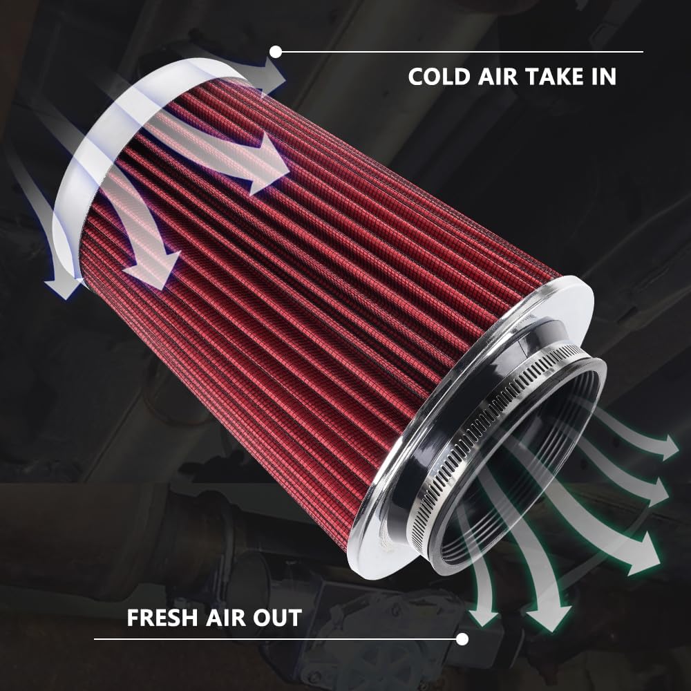4-Inch Cold Air Intake Filter - Washable, High Performance, 3" or 3-1/2" or 4" Clamp-On Replacement Air Filter Red (8" Tall)