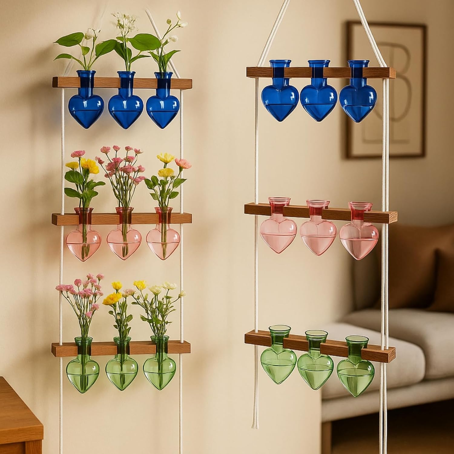 Leinuosen Plant Hanging Propagation Station Wall Hanging Planters Terrarium with 3 Tiered Wooden Stands for Home Garden Decor Hydroponics Plant Lovers Gifts- 9 Glass Vases(Heart Shaped,Multicolor)