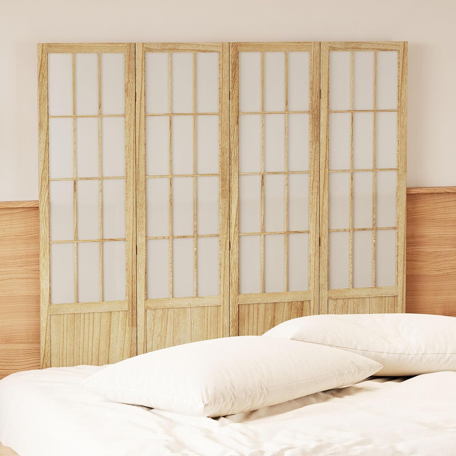 Room Divider, 66.9Inch Tall Japanese Shoji Style Folding Wood Screen with Double Hinges for Home Office Bedroom Hotel Decoration (4Panels, Natural)