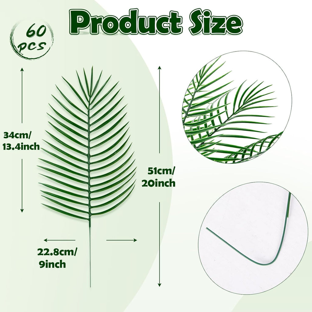XONOR Artificial Palm Leaves, Fake Tropical Leaves, Faux Palm Leaf with Stem for Jungle Hawaiian Dinosaur Luau Party Table Decoration Wedding Birthday Theme Party Decoration (60Pcs, 20.5'')