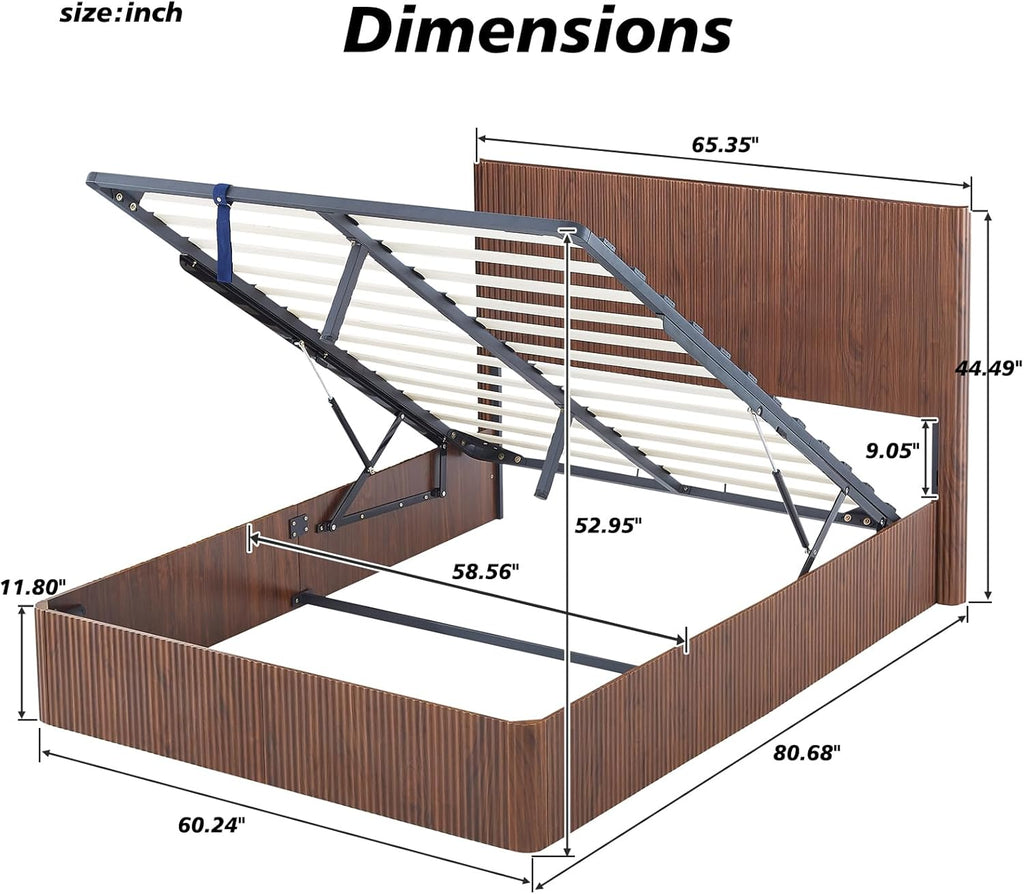 KEIKI Queen Size Wood Platform Bed Bedframe with Lift Up Hydraulic Storage,Corrugated Curved Lines Design for Bedroom Adult