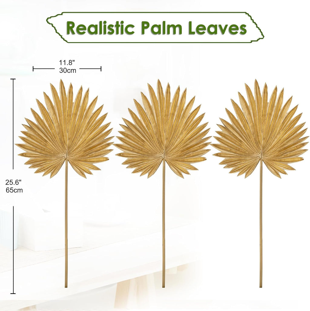 Large Pu Foam Gold Artificial Palm Leaves Faux Palm Tropical Leaves Fake Palm Fronds for DIY Wedding Bouquets Fake Leaves for Centerpieces Arrangements Bridal Shower Palm Leaf for Home Decor-3 Pcs