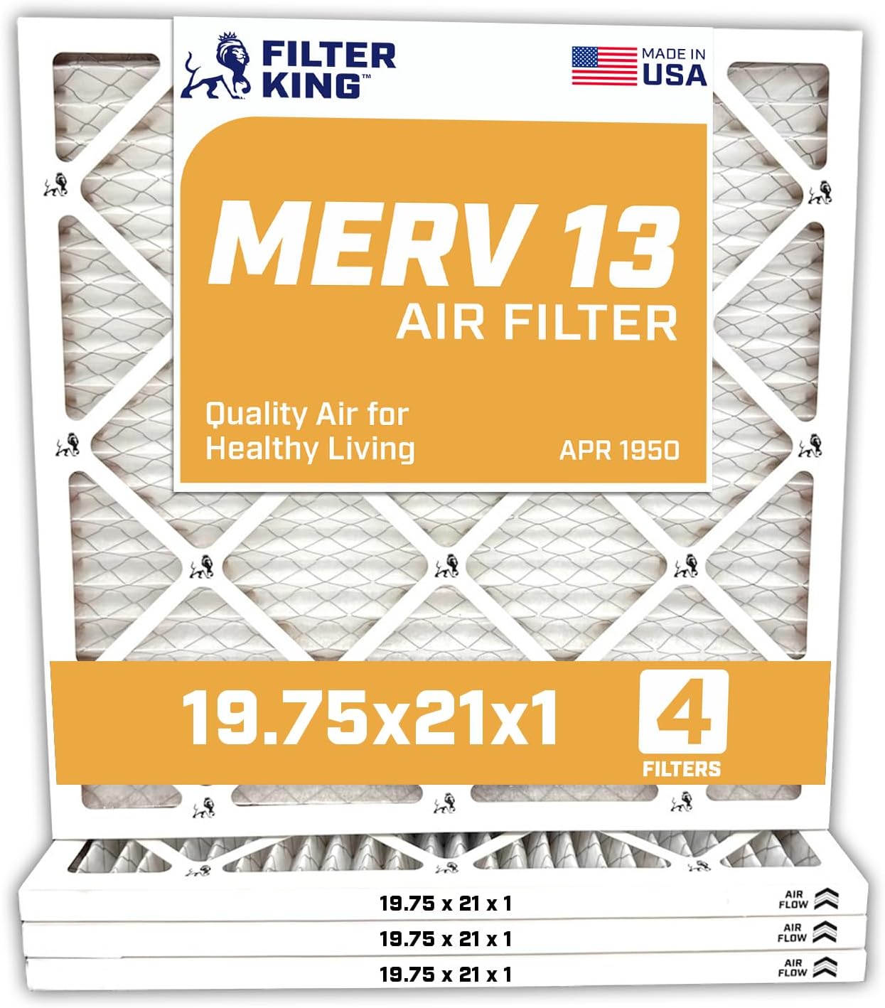 Filter King Air Filters 19.75x21x1 | 4-PACK | MERV 13 HVAC Pleated AC Furnace Filters | Air Purifier | Replacement Filters for Clean, Healthy & Fresh Environment | MADE IN USA