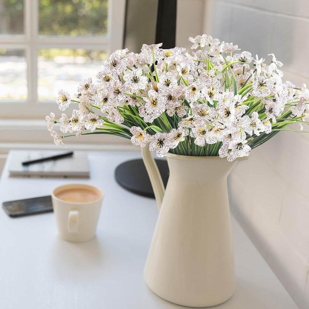 24 White Bundles Artificial Flowers for Outdoors/Indoors Fake Flowers Plants for Indoor Outside Garden Porch Window Box Home Wedding Farmhouse