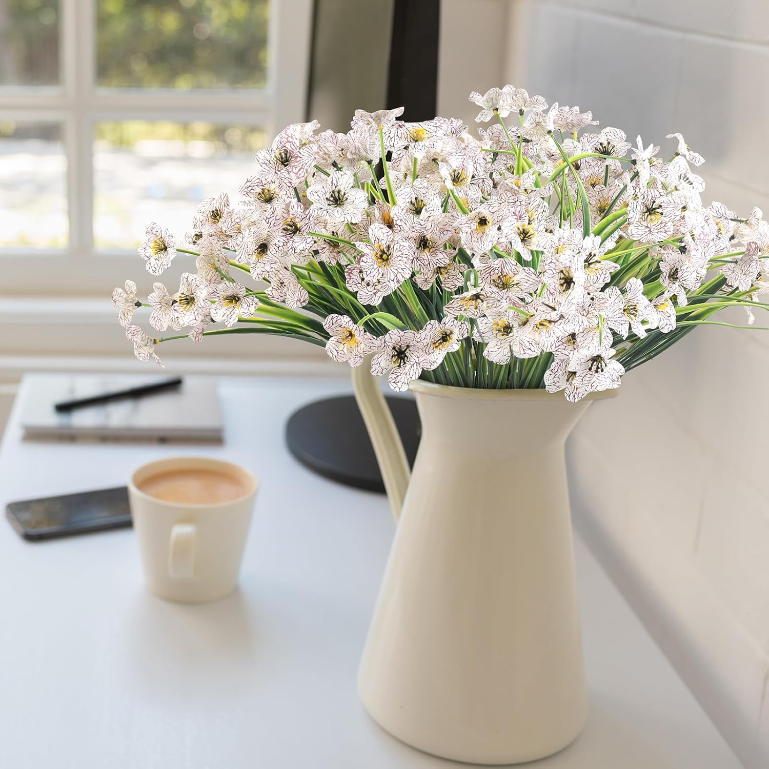 24 White Bundles Artificial Flowers for Outdoors/Indoors Fake Flowers Plants for Indoor Outside Garden Porch Window Box Home Wedding Farmhouse