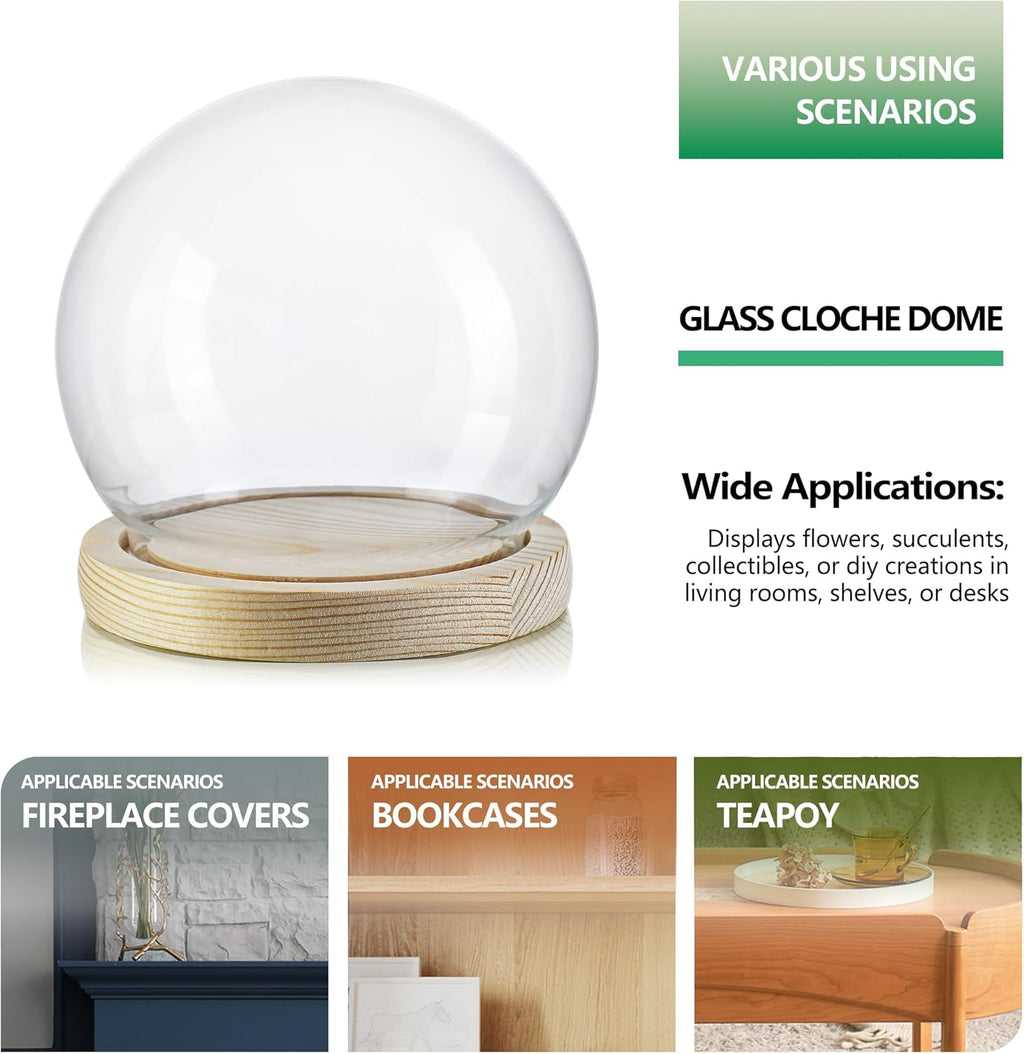 ZEERSHEE Round Glass Display Dome Cloche with Wooden Base for Home Decoration Diameter 4.7 Inches