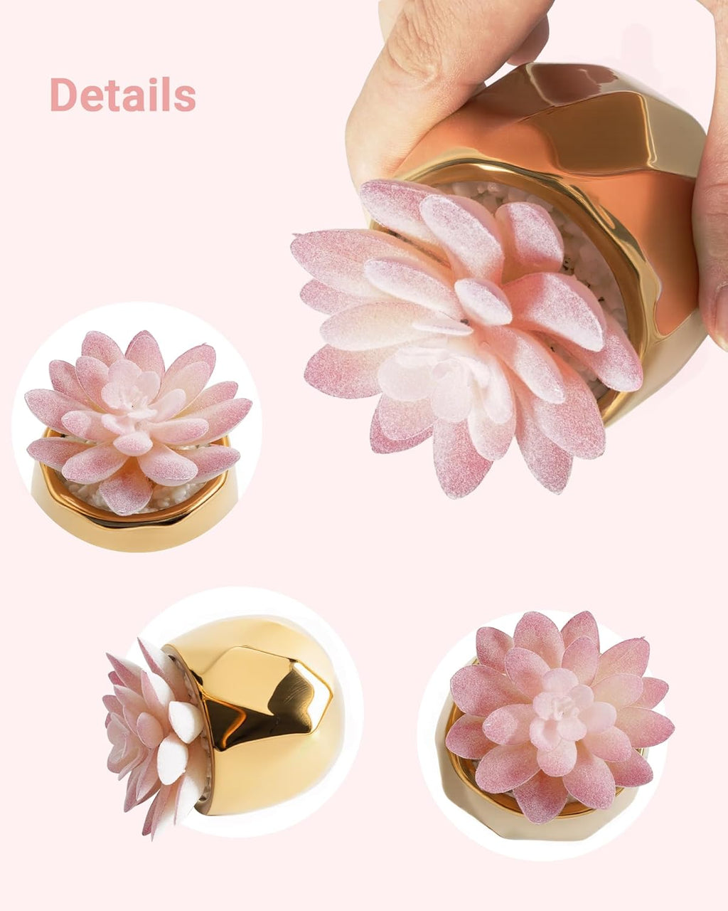 VIVERIE Mini Succulents Plants Artificial in Pots-Pink with Golden Ceramic, Christmas Small Fake Succulents Plants for Home Decor Indoor for Women, Golden Ceramic Faux Succulents, Gifts for Mom