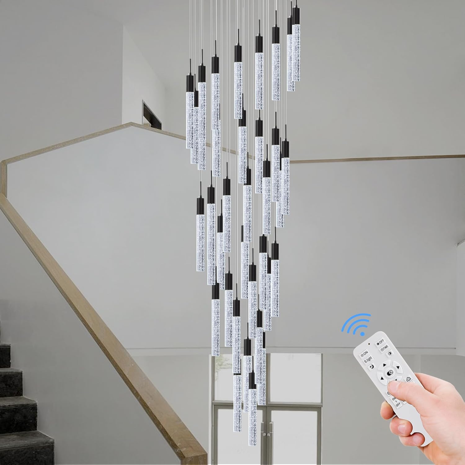 Modern High Ceiling Crystal Foyer Chandelier 36-Lights, H197'' Black Large Spiral LED Bubble Raindrop Lighting Fixture for Staircase Entryway Living Room
