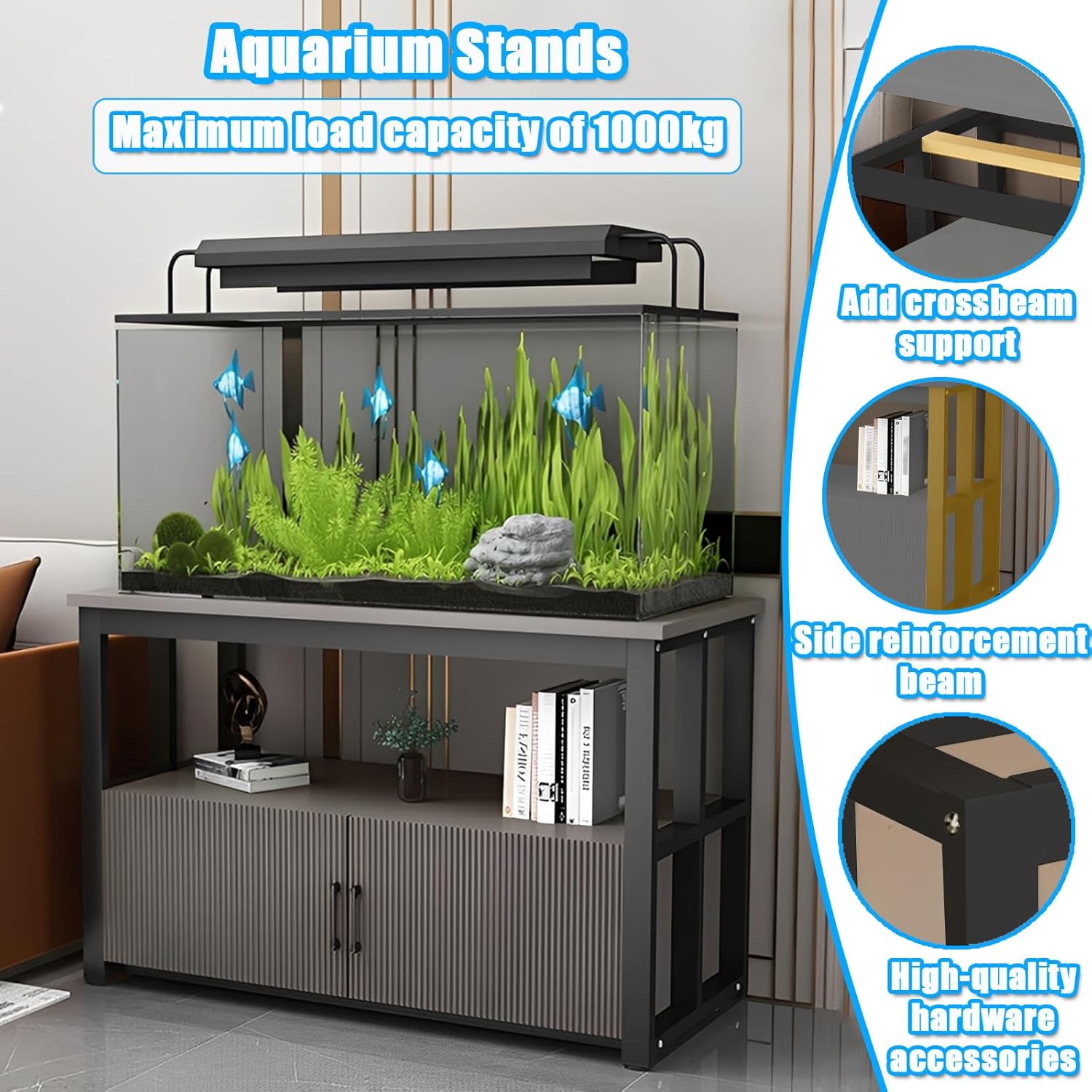 5-75 Gallon Aquarium Stands, 3 Tier Metal Frame Fish Tank Stand with Cabinet Storage, Reptile Tank Stand for Home Living Room Bedroom Office, 2200LBS Capacity (black+gray, L19.7″*W13.8″*H23.6″)