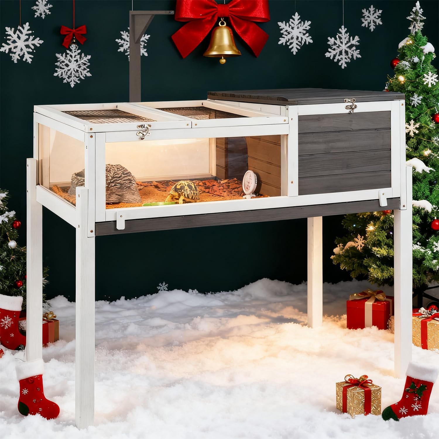 PetsCosset Tortoise Habitat Wooden Tortoise House, Indoor Turtle Enclosure Outdoor Reptile Cage with Removable Bottom, Light Support, Openable Roof (Tall Tortoise Habitat, Leakproof Tray)