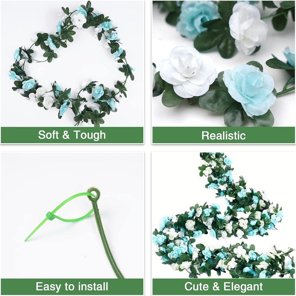 BLEUM CADE 5Pcs 41Ft Flower Garland Artificial Rose Vines with 32.8Ft String Lights, Cute Fake Hanging Flower Vines Floral Garland Decorations for Wedding Party Wall Room Decor Aesthetic