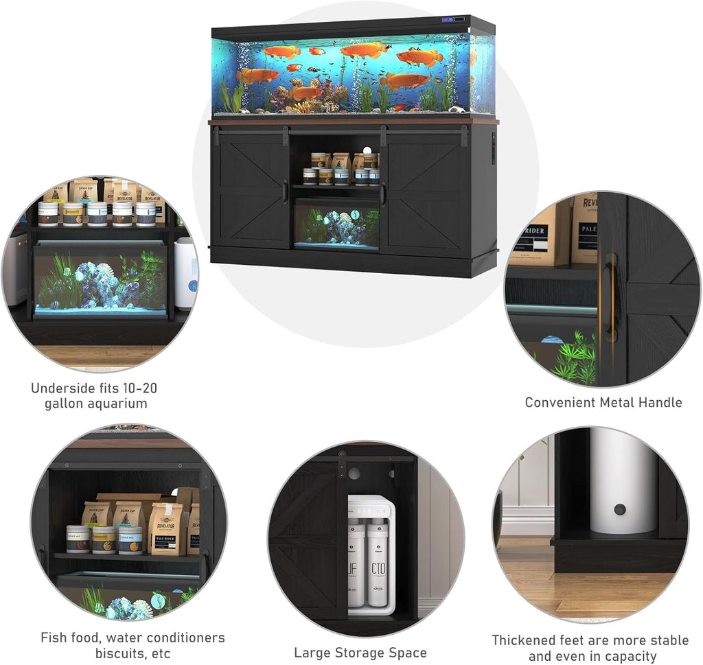 Farmhouse 75-120 Gallon Fish Tank Stand with Power Outlet, Aquarium Stand w/Cabinet&Sliding Barn Door, Heavy Duty Reptile Tank Stand for Fish/Turtle/Reptile Terrarium, 1000LB Capacity, Black