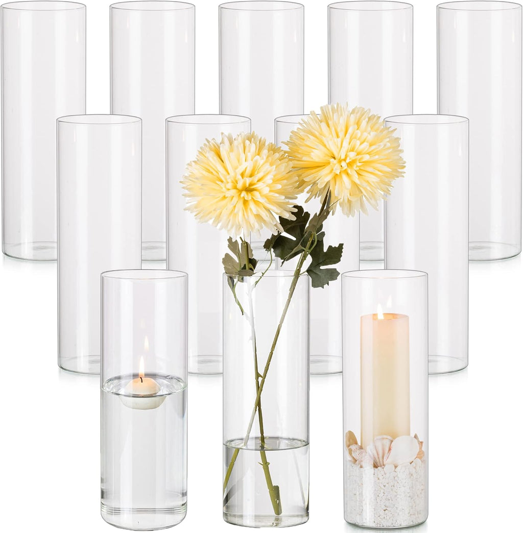 Hewory Glass Cylinder Vases Set of 12, Hurricane Candle Holders for Pillar or Floating Candles, Tall Clear Vase for Centerpieces, Round Vases for Wedding Anniversary Events Home Table Decor, 9.8in