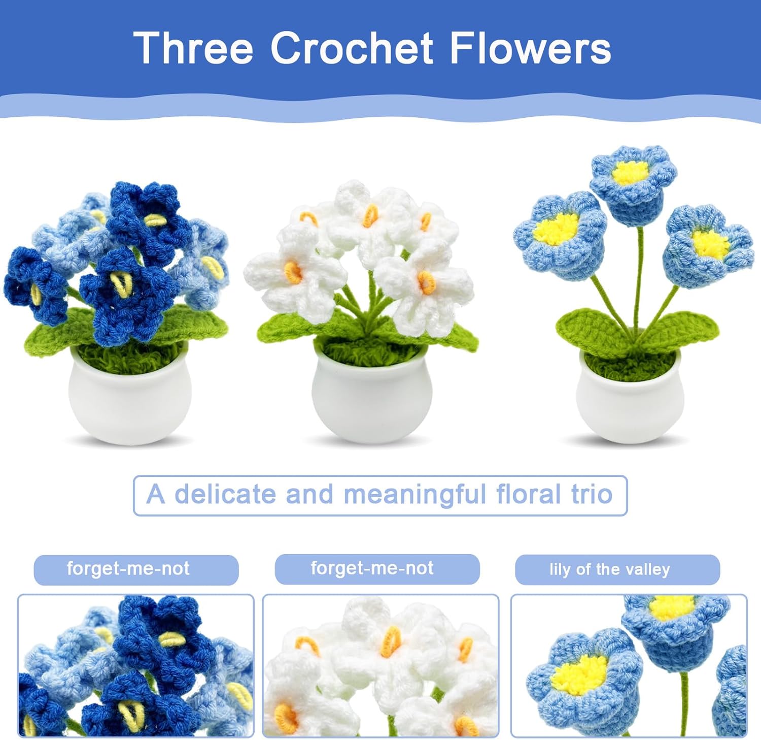 3pcs Crochet Flowers Cute Potted Flower,Mini Flower Bouquet for Mom Wife, Cute Desk Decor for Women,Artificial Handmade Flowers for Car Dashboard,Home Office Decoration (Color#3)