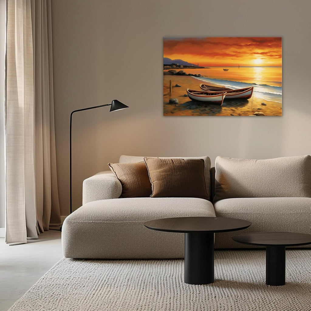 GLOKAKA Coastal Wall Art Ocean Beach Boat Canvas Print Sunset Seascape Pictures Ocean Landscape Painting Nature Artwork for Bathroom Living Room Bedroom Office Home Decor