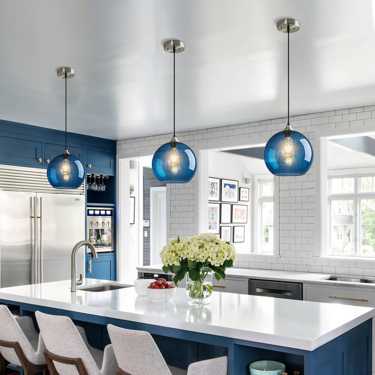 Blue Glass Pendant Lights Kitchen Island Lighting Globe Pendant Light Fixtures Modern Pendant Lighting for Kitchen Island Bedroom Living Dining Room Light Fixture(9.84in, 2-Pack)