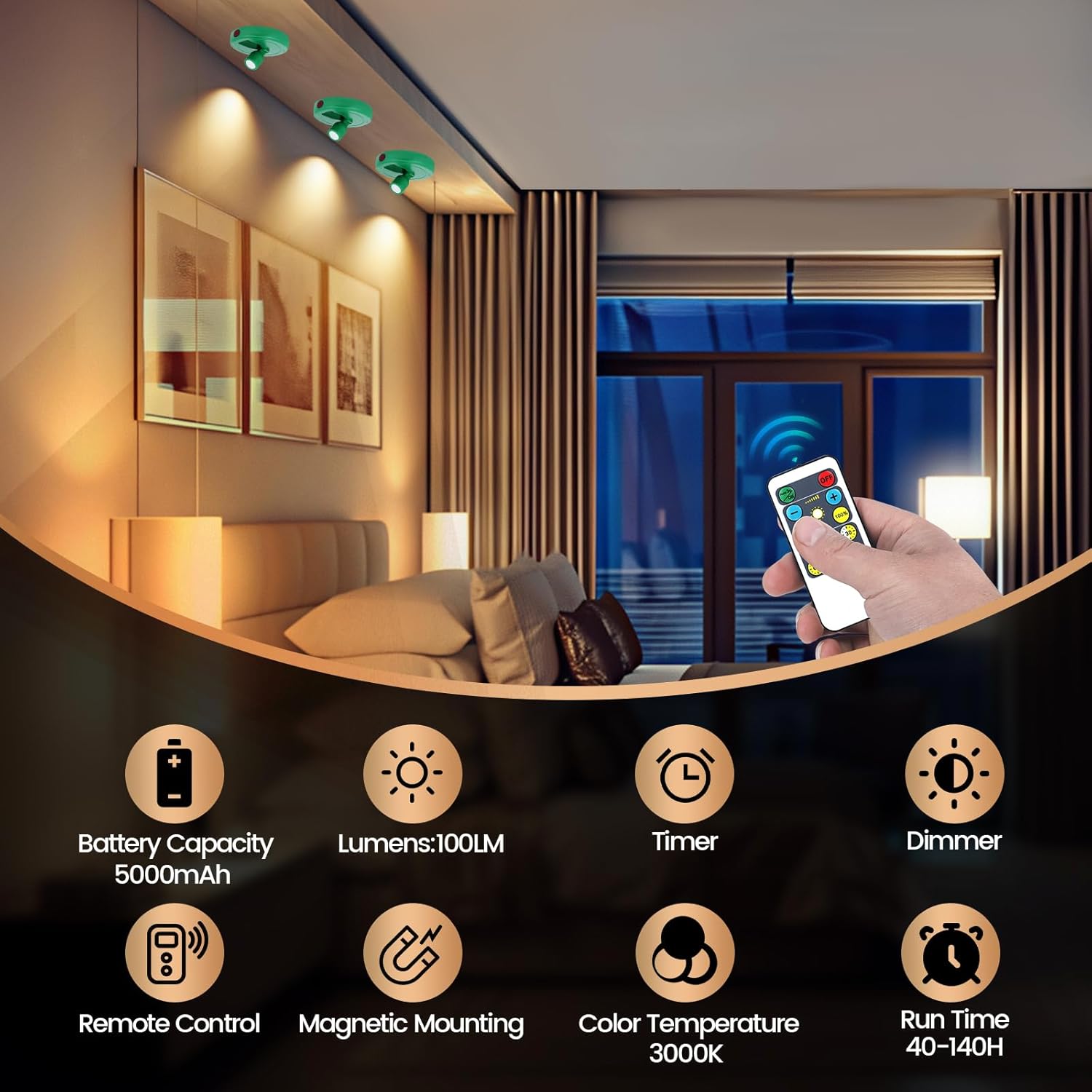 Cordless Spotlight Battery Operated, Rechargeable Plant Spot Lights, Dimmable Accent Lighting with Remote, LED Uplight for Picture Tree Painting Gallery Portrait Dartboard Art Photo, Green