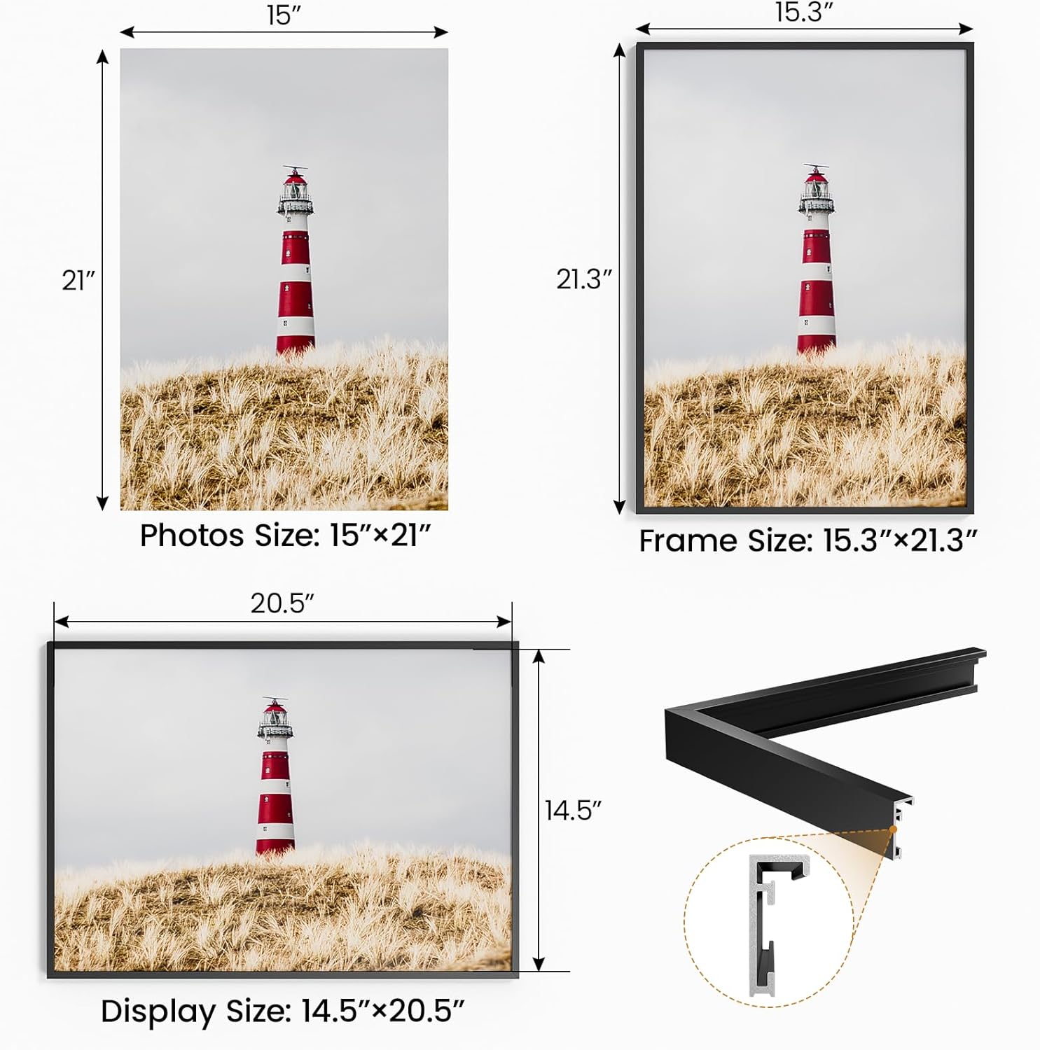 15x21 Aluminum Metal Picture Frame,Tempered Glass Black 15 x 21 Poster Frame for Puzzles Photos or Artwork for Wall Gallery Mount Horizontal or Vertical Decor Home,Office,Hotel
