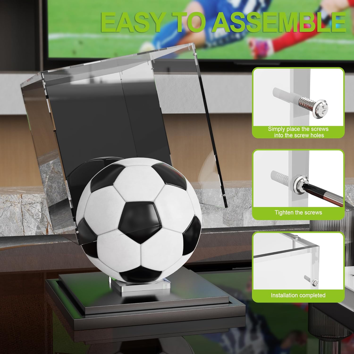 Putros Soccer Ball Display Case with Mirror and Black Metal Grooved Base Acrylic Ball Case with Transparent Removable Built-in Display Stand for Autographed Volleyball