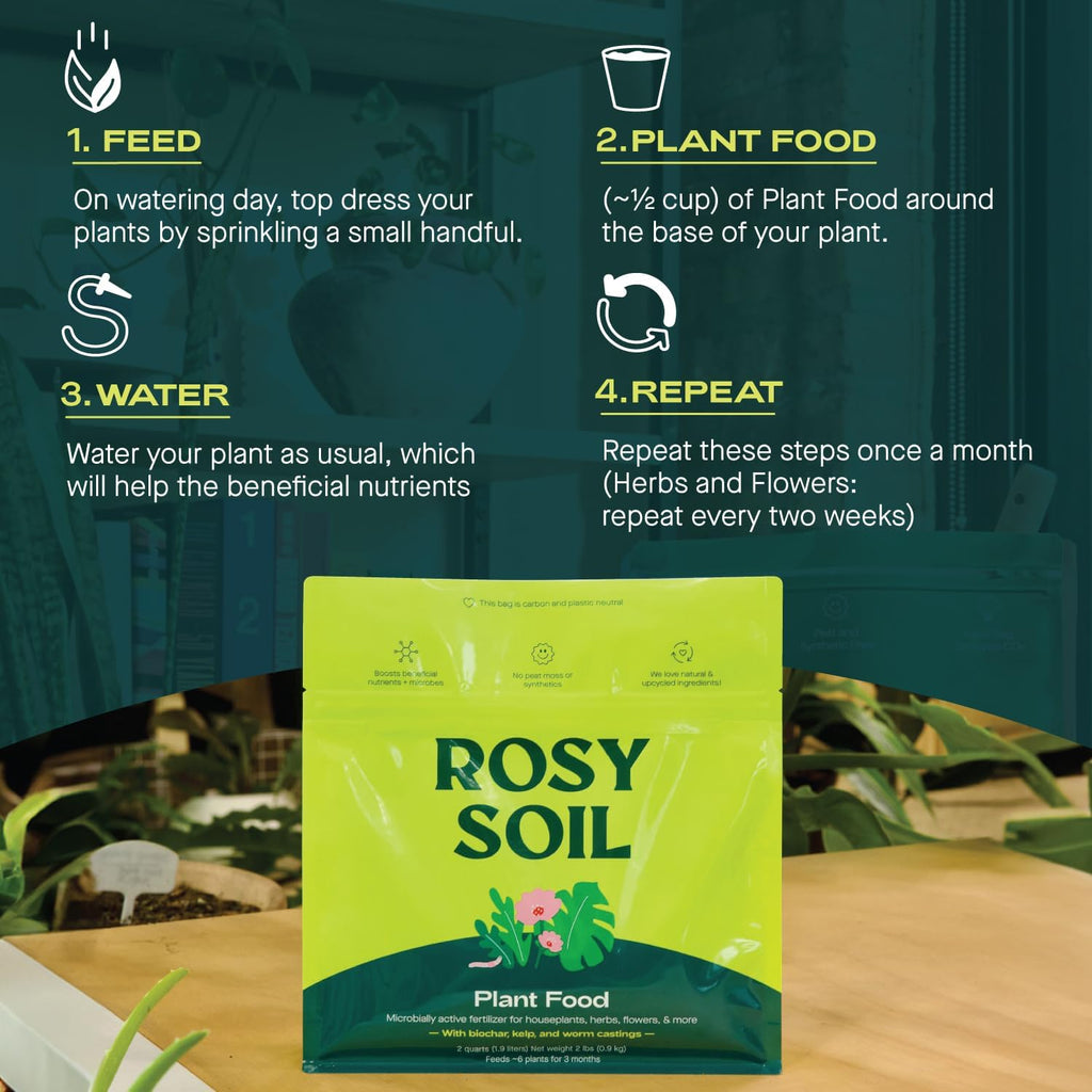 Rosy Soil Plant Food - Microbially Active Fertilizer for Houseplants, Herbs, Flowers – Enriched with Biochar, Kelp, and Worm Castings – Organic Food for Healthy Growth – 2 Quarts