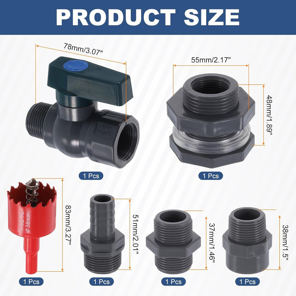 uxcell 1 Set Rain Barrel Faucet Kit, Plastic Rain Barrel Spigot with 3/4" GHT Bulkhead Fitting, Garden Hose Adapter and Hole Opener for Water Tank Aquarium, Grey