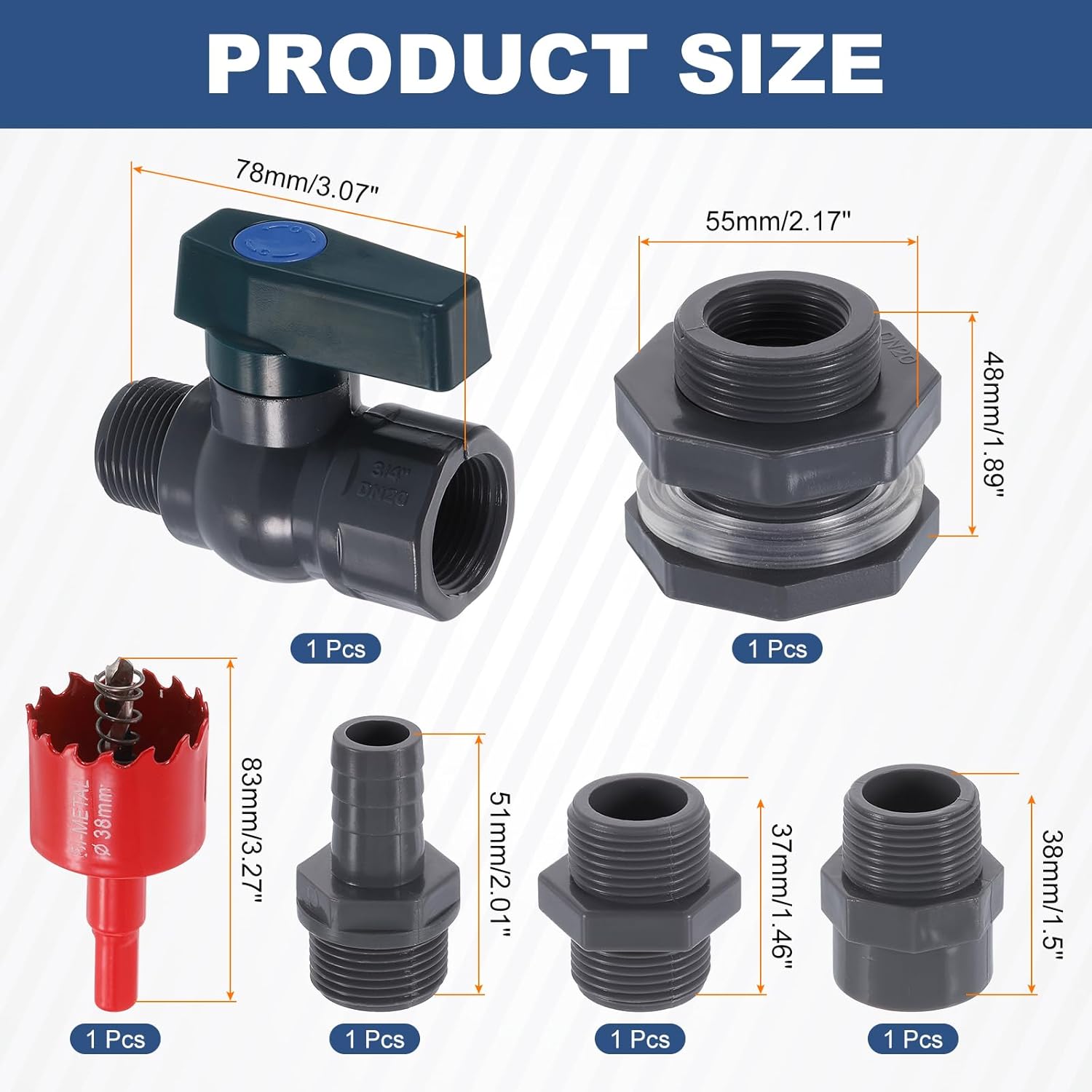 uxcell 1 Set Rain Barrel Faucet Kit, Plastic Rain Barrel Spigot with 3/4" GHT Bulkhead Fitting, Garden Hose Adapter and Hole Opener for Water Tank Aquarium, Grey