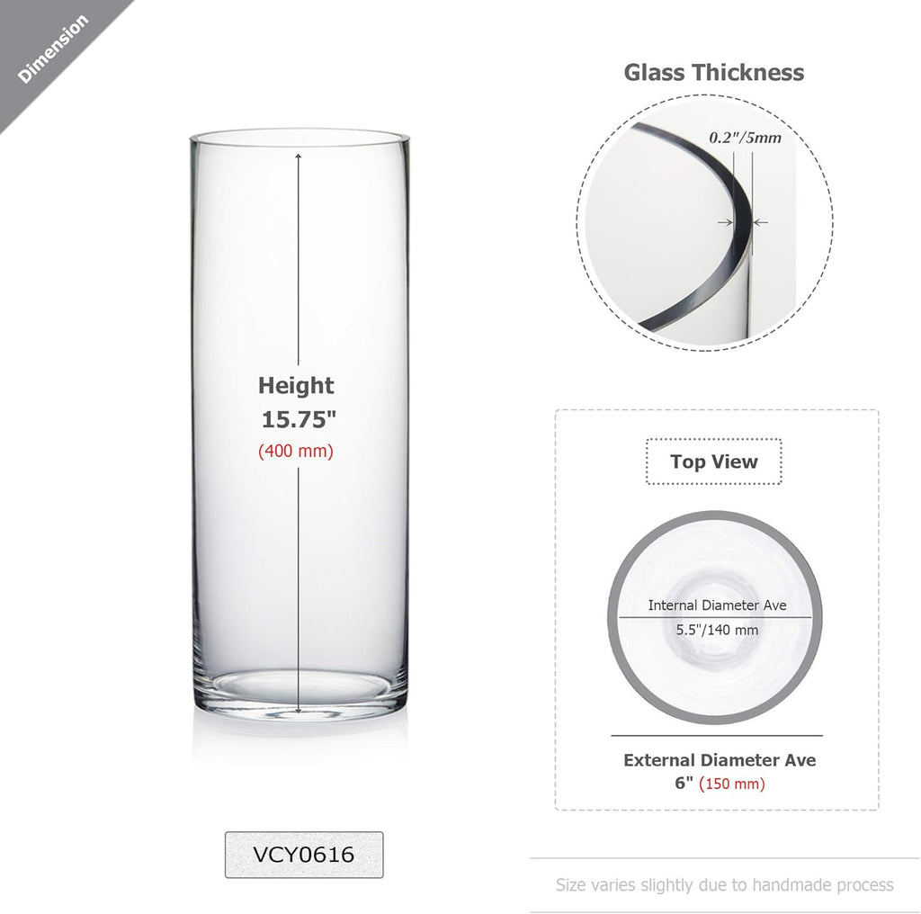 WGV Cylinder Vase Bulk, Width 6", Height 16", Clear Glass Container Terrarium Candle Holder for Wedding Centerpiece, Party Event, Home Office Decor, 6 Pieces