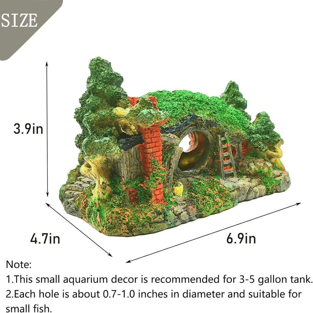 Tfwadmx Fish Tank Hobbit Decorations,Resin Small Fish Cave Hideout House,Aquarium Decor Hide Hole Shelter Castle Hut Ornaments Mini Garden Decorating Accessories