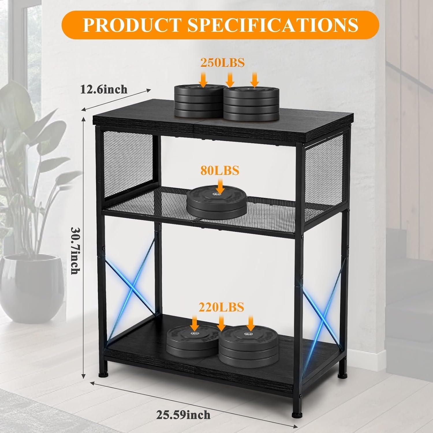 LALA IKAI Fish Tank Stand, 10-20 Gallon Metal Aquarium Stand Table with 2 Tiers Storage Shelf, 4-Leg Reptile Tank Stand, Black