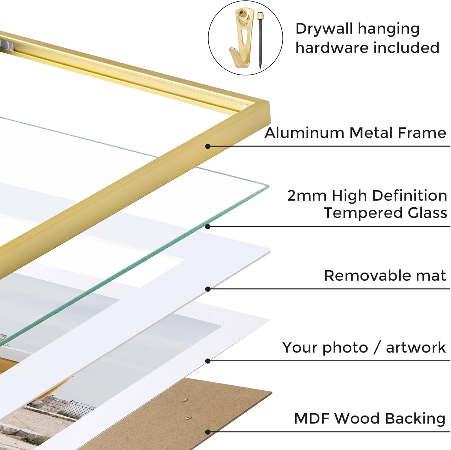 20x24 Metal Picture Frame with 16x20 Mat, Brushed Aluminum Finish, Tempered Glass Front, and Attached Hanging Hardware - Wall Display Frames for Vertical or Horizontal Orientation(Gold, 1 Pack)