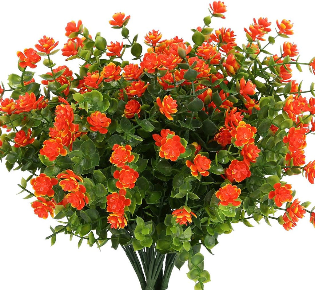 6 Bundles Artificial Flowers, Fake Artificial Greenery UV Resistant No Fade Faux Plastic Plants for Wedding Bridle Bouquet Indoor Outdoor Home Garden Kitchen Office Table Vase (Orange Red)