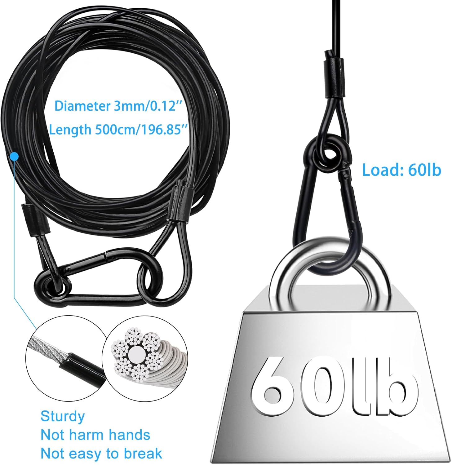 Lighting Safety Cable with Loops(1-Pack), 25kg Load Stage Light Safety Cable Black Security Chain Hanging on Trusses, Stainless Steel Lanyard（Diameter 3mm/0.12in, Length 500cm/196.85in)