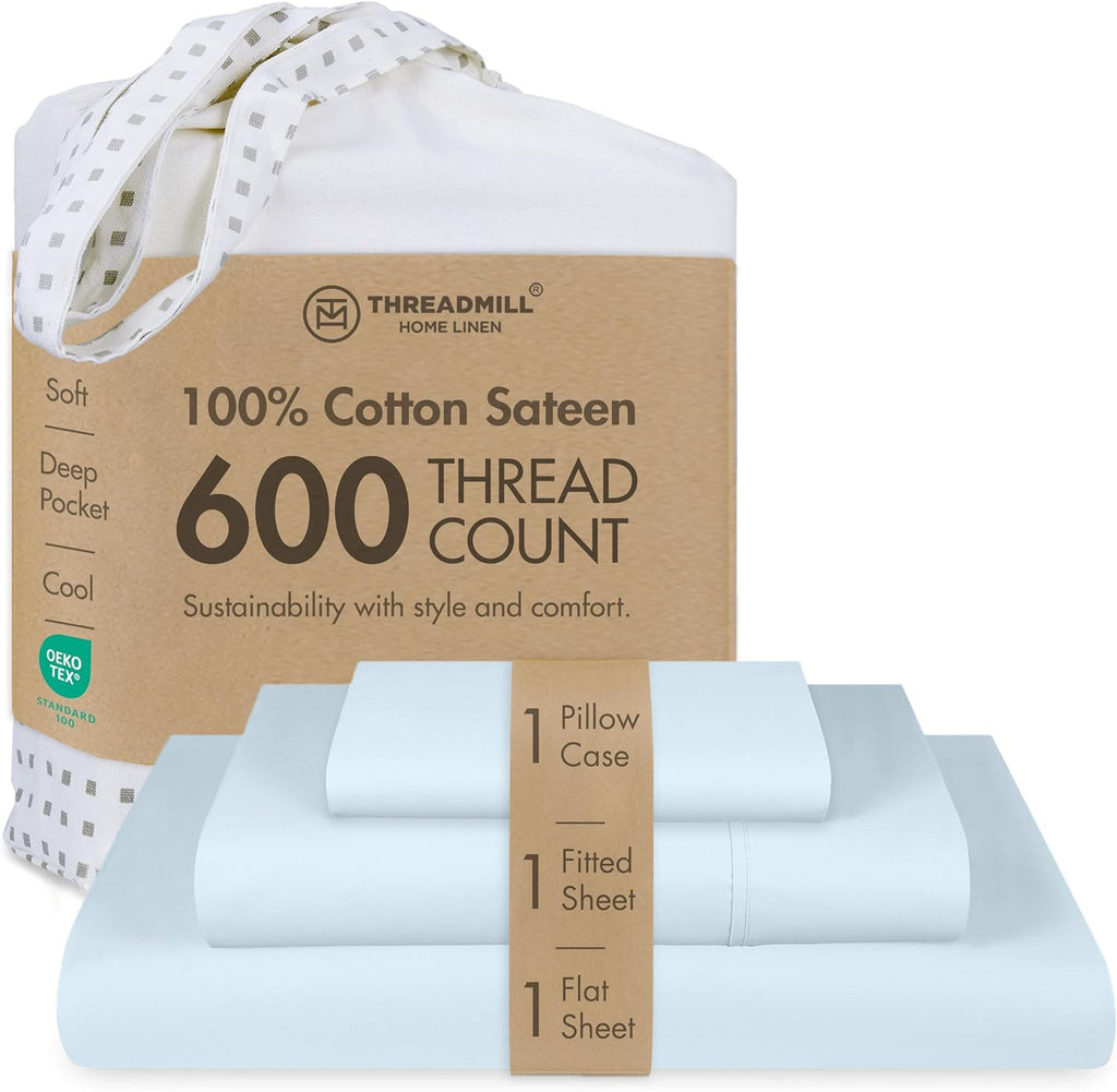 Threadmill 100% Cotton Sheets for Twin XL Size Bed - 600 Thread Count Twin XL Bed Sheets Set with 15” Deep Pocket - Sateen Weave 3-Piece Bedding Set with Cooling Effect, Blue