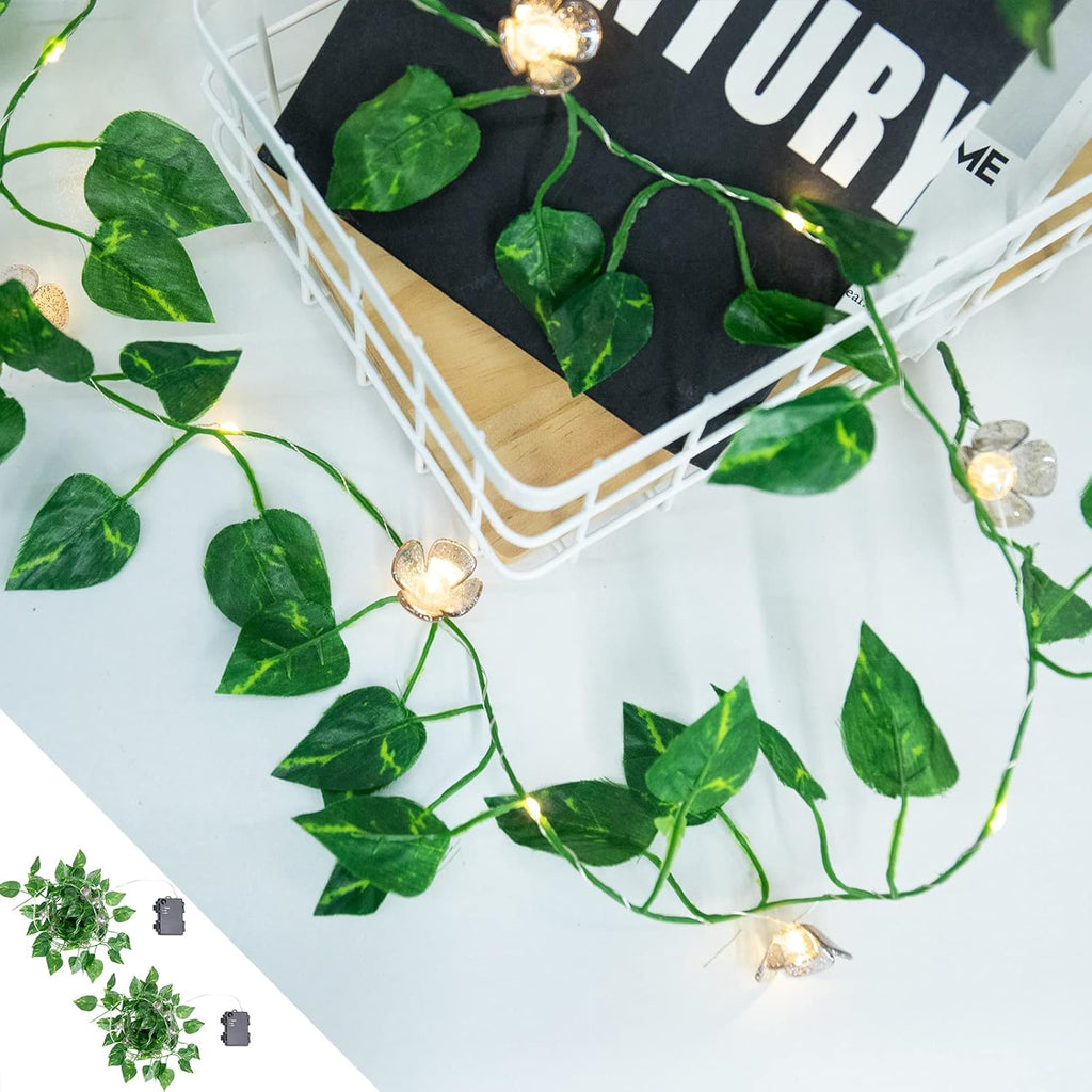 Vigdur 2 Packs Vine String Lights - Tiny Leaf Ivy String Lights with 48 Flower Lights Battery Powered Waterproof Fairy Light Indoor Outdoor for Bedroom Party Garden Wall Décor St. Patrick's Day