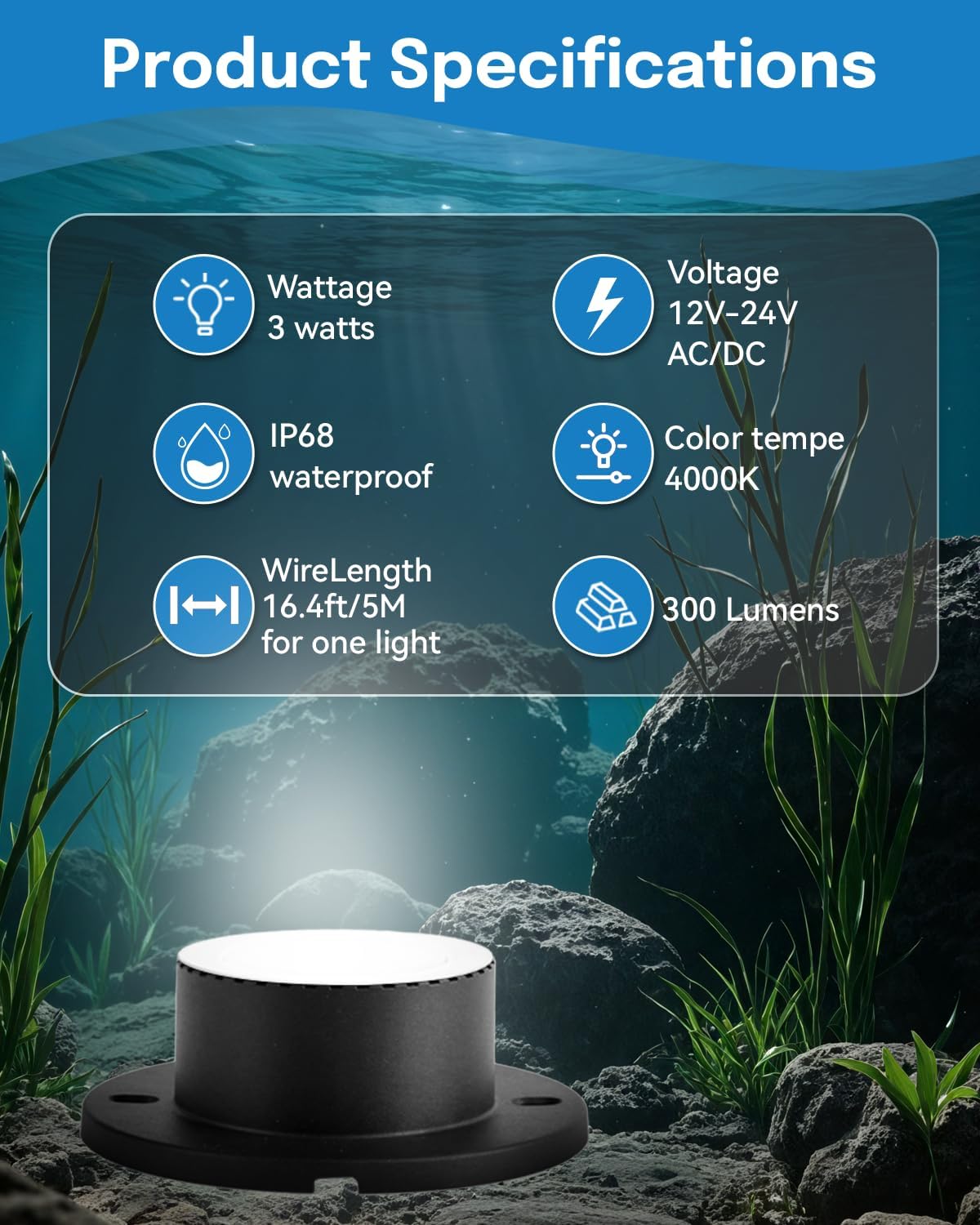 HIBOITEC Pond Lights 3W LED IP68 Waterproof Underwater Lights with UL Cord Day White 4000K Low Voltage Landscape Lighting for Fountain Pool Compatible 12-24V AC/DC 1Pack