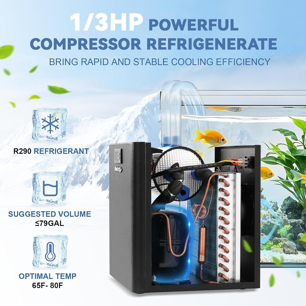Poafamx 1/3 HP Aquarium Chiller, 79 Gal Titanium Chiller for Saltwater & Freshwater Fish Tank, Hydroponics Cooling System with Pump, Quiet Efficient Water Chiller for Axolotl, Coral Reef