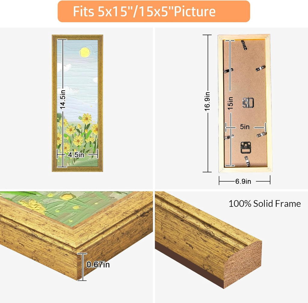 Wood 5x15 Frame Gold, Ornate Natural 15x5in Poster Picture Frame, Modern Golden 5 x 15inch Gallery Wall Photo Frame with HD Plexiglass, Horizontal Vertical Wall Mounting Display 1pcs