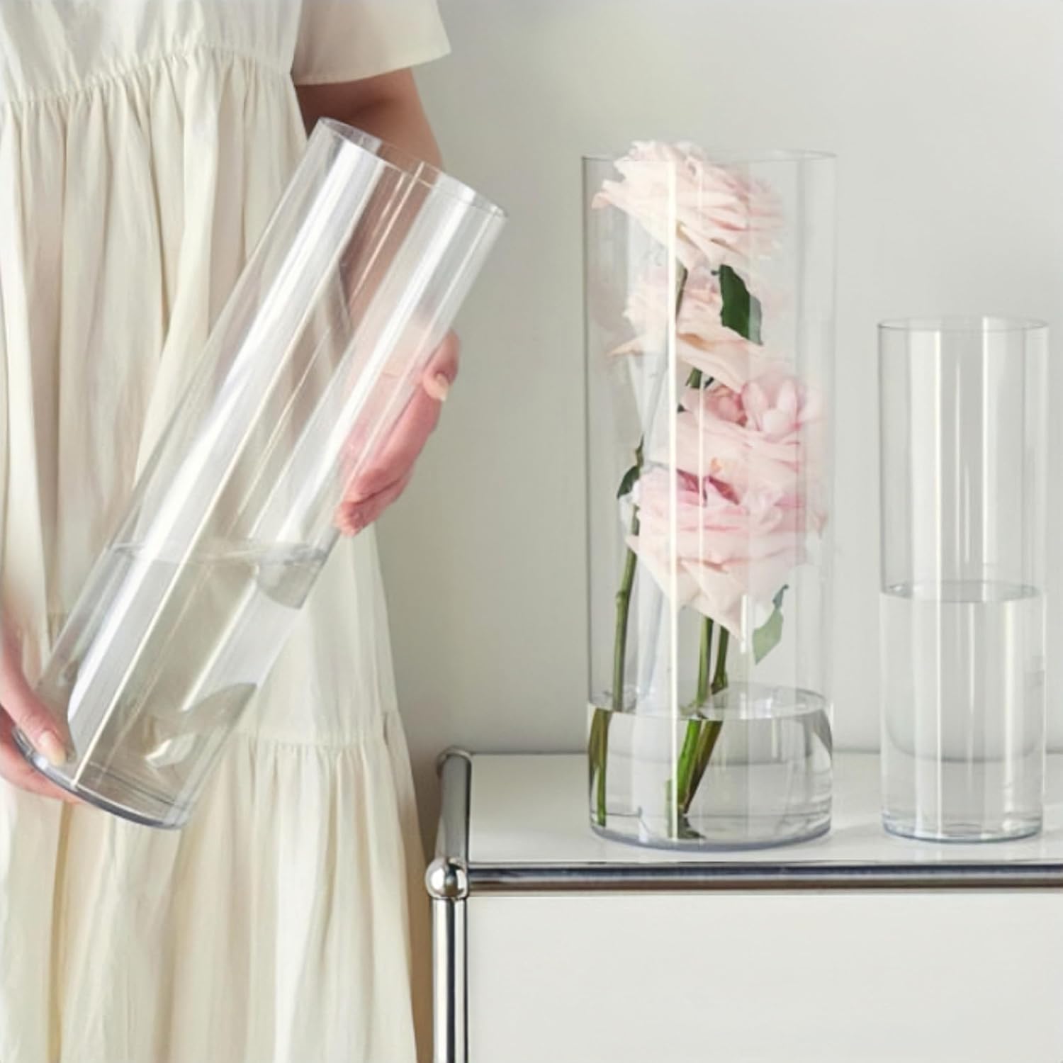 3 Clear Acrylic Cylinder Vase for Centerpieces, Tall Cylinder Plastic Hurricane Vases, Large Unbreakable Flower Vases for Wedding Bouquet (D 4.8", D 6" X H 15.8" +D 4" X H 12")