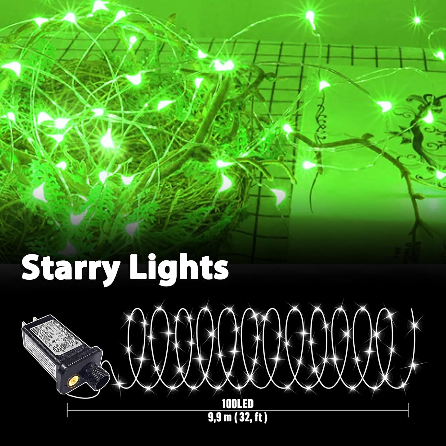LAMPHOME Fairy Lights Plug in, 33Ft 100 LEDs Waterproof Twinkle Firefly Lights, Adaptor Included, Starry String Lights for Wedding Indoor Outdoor Christmas Patio Garden Decoration, Green