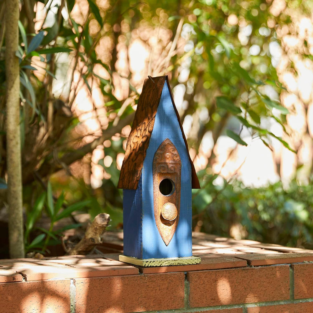 Glitzhome 13.25" H Retro Blue Distressed Solid Wood Birdhouse Hanging Garden Bird House for Outdoors