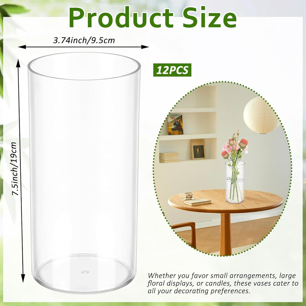 12 PCS Plastic Cylinder Vase 8 Inch Cylinder Vase Bulk Clear Flower Container Hurricane Candle Holder Round Wide Container Centerpiece for Home Office Wedding Decor